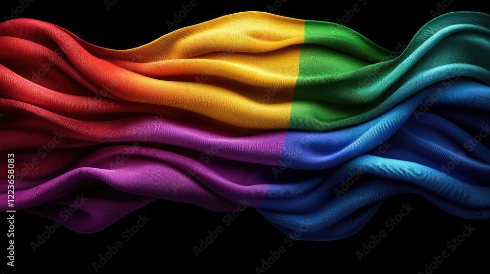 Rainbow flag waves, LGBTQ+ pride, dark background, celebration, stock photo Rainbow flag waves, LGBTQ+ pride, dark background, celebration, stock photo