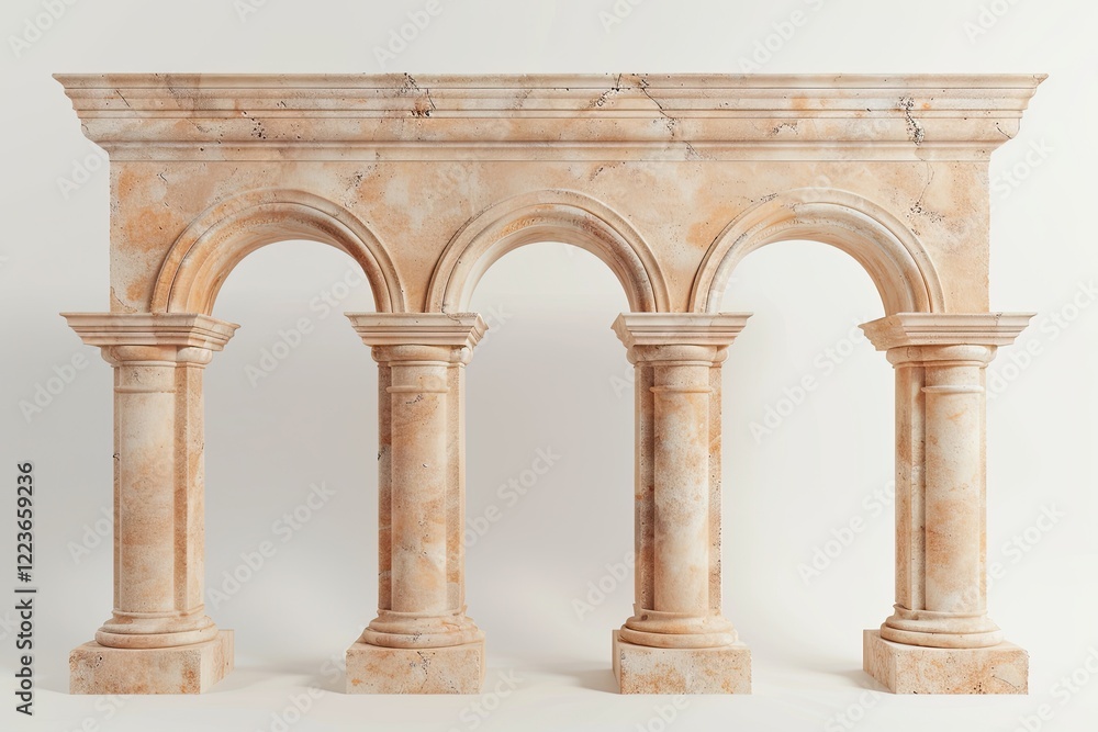 Fototapeta premium A stunning marble archway stands tall with four beautifully detailed columns. The smooth texture and soft colors reflect natural light, enhancing the serene atmosphere