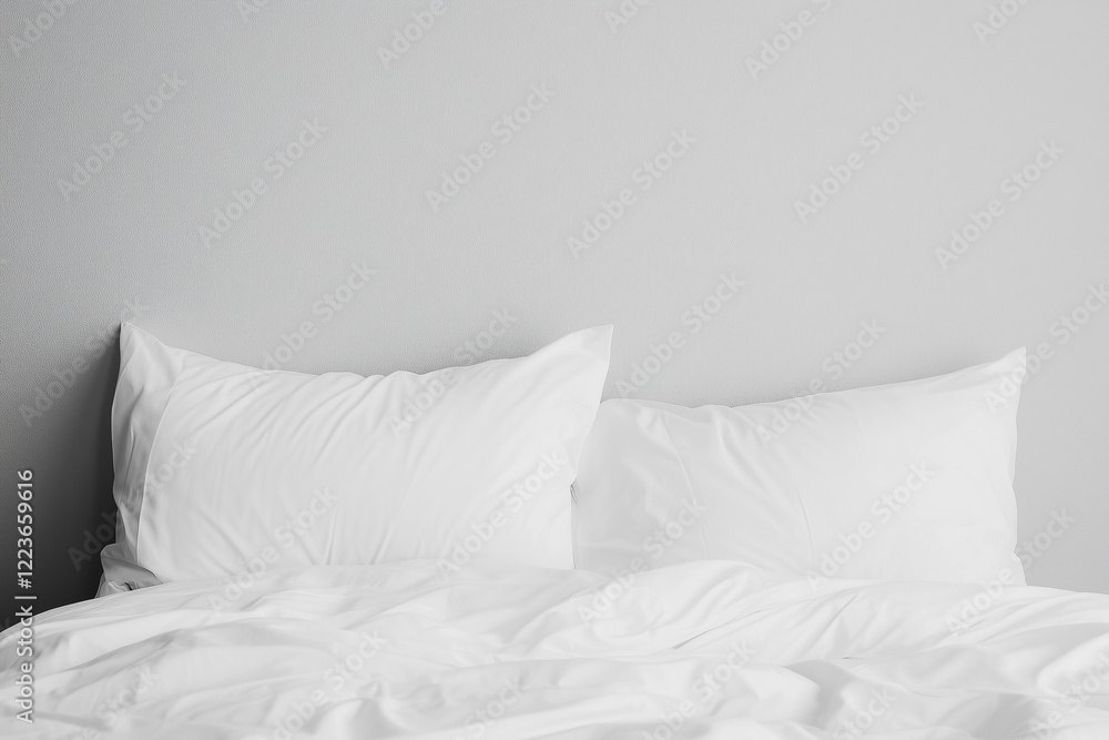 A neatly made bed with two fluffy white pillows against a light gray wall. The bedding is white and slightly rumpled, creating a cozy atmosphere. A neatly made bed with two fluffy white pillows against a light gray wall. The bedding is white and slightly rumpled, creating a cozy atmosphere.