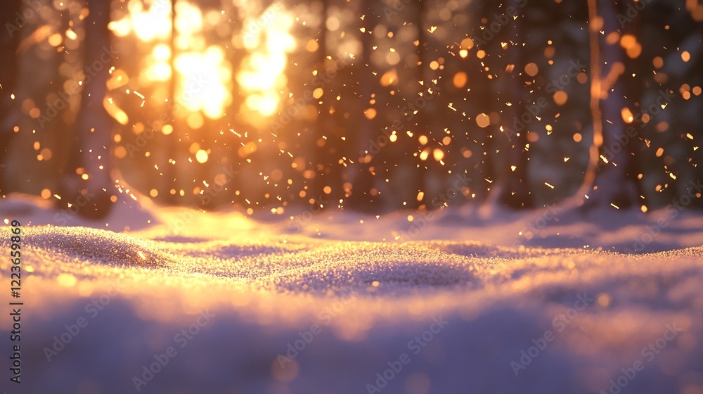 Naklejka premium Magical Christmas Snowfall Background: Golden Sunset Winter Forest Scene with Soft Snowdrifts – Perfect for Holiday Designs and Festive Vibes