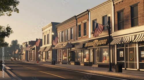 Charming Small-Town Main Street with Unique Store Fronts, U.S. Flags, and Flexible Space for Commercial Use – Perfect for Design or Marketing Projects