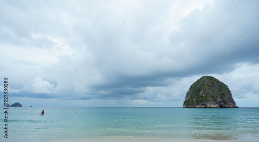 Fototapeta premium tropical island, beach, sea, sky, water, ocean, island, sand, tropical, landscape, summer, coast, nature, travel, vacation, sun, clouds, holiday, paradise, seascape, cloud, lagoon, sunny, blue, touris