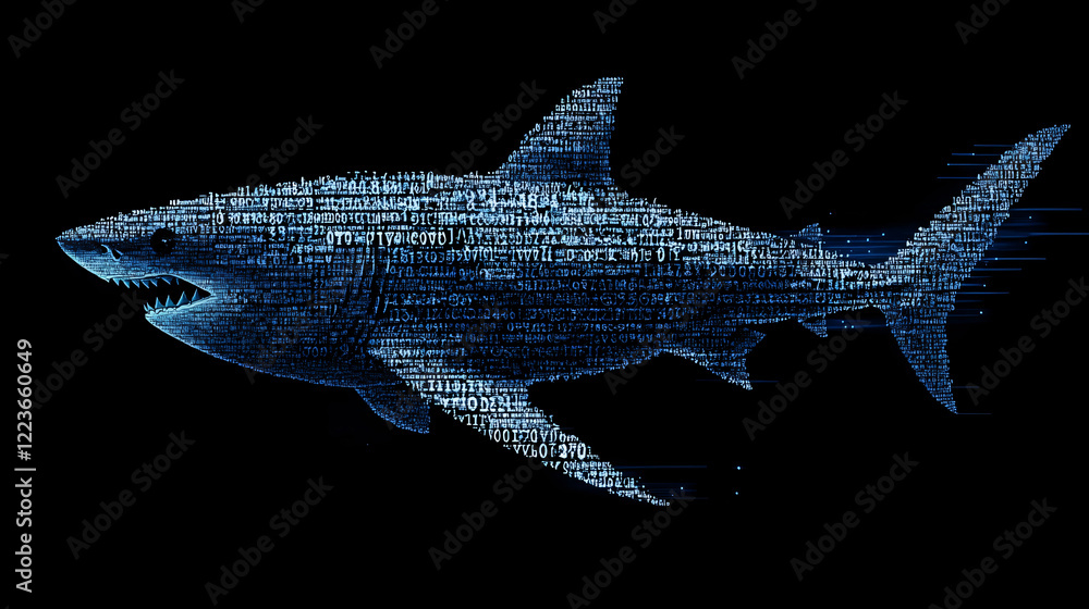Naklejka premium digital shark composed of glowing text and coding symbols on a dark background representing cyber technology 