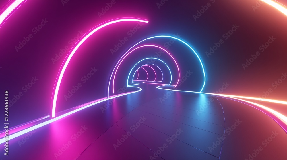 Obraz premium Immersive Neon Tunnel with 360° Panorama - Cyan and Magenta Glow, Metallic Reflection, Infinite Depth in Ultra-High Quality 16:9 Perspective