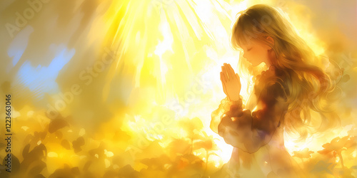 祈りを捧げる少女。水彩画。　イラスト。挿絵素材。バナー素材。