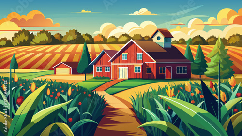 Homestead panorama in the vast corn fields of Southern Wisconsin