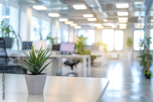 A stylish office space features a small potted plant on a desk, with bright sunlight illuminating the modern work environment filled with desks and computers