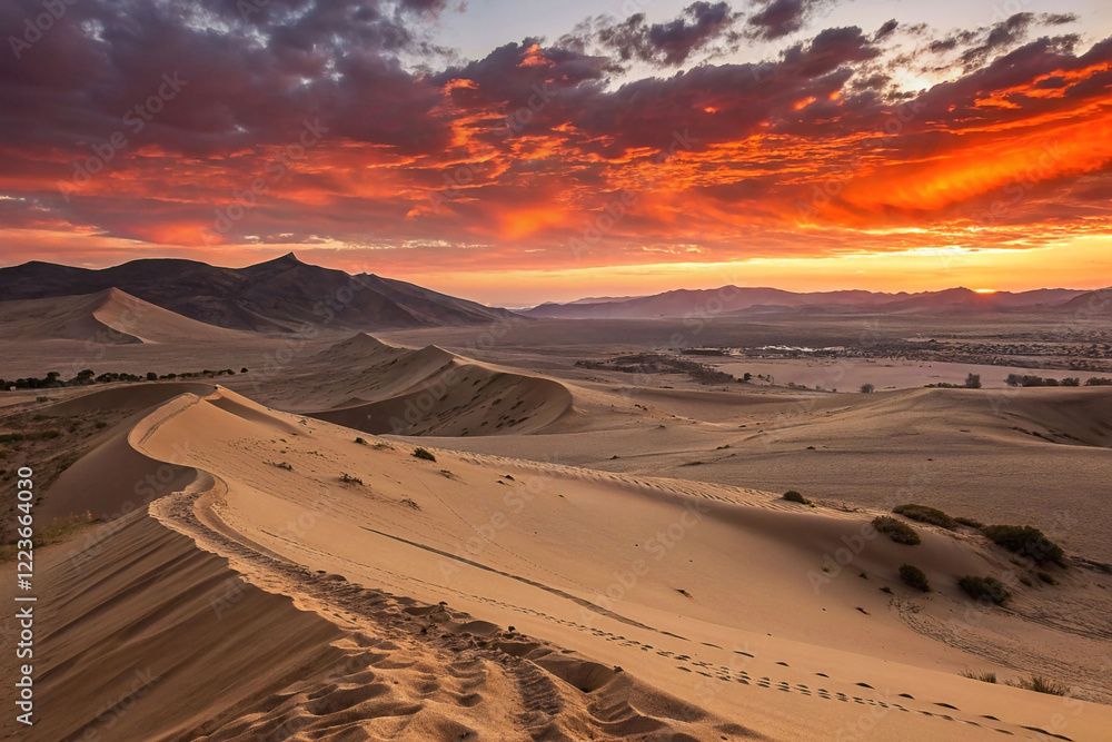 Naklejka premium Dramatic sunset over desert dunes and mountains.