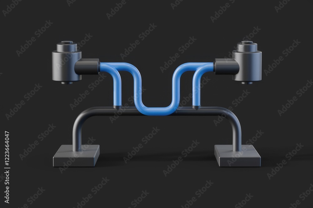 Abstract sculpture with two black cylinders connected by blue tubes. Abstract sculpture with two black cylinders connected by blue tubes.