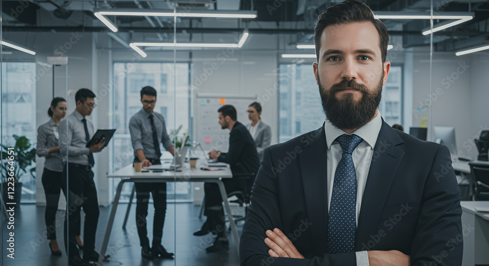 Confident Businessman Leader with Team in Modern Office Confident Businessman Leader with Team in Modern Office