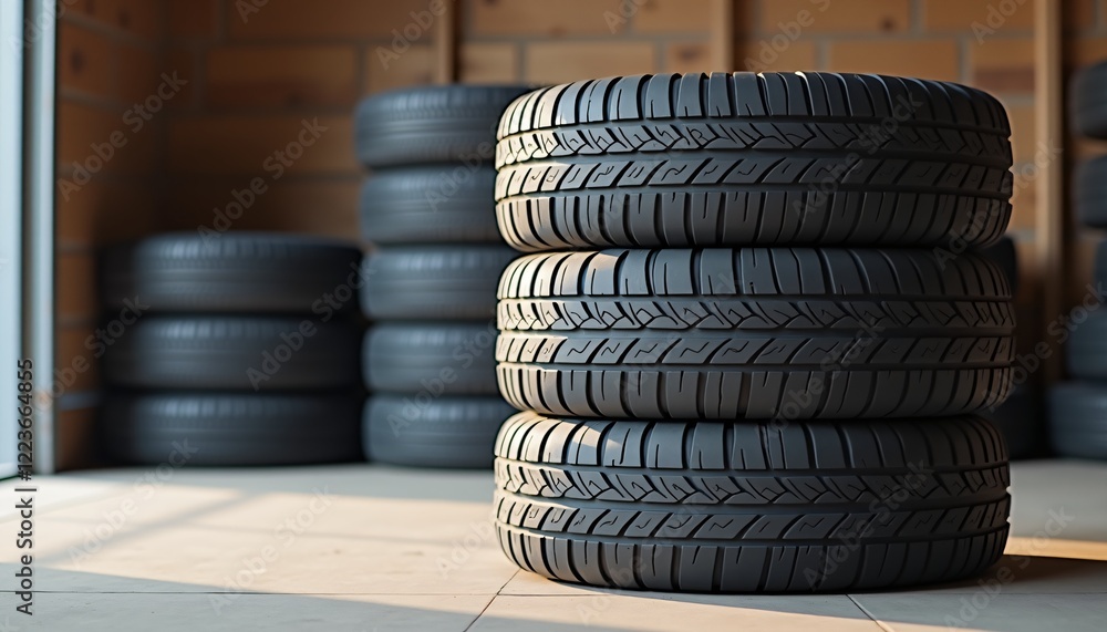 Stacked car tires in a storage room with natural lighting. Stacked car tires in a storage room with natural lighting.