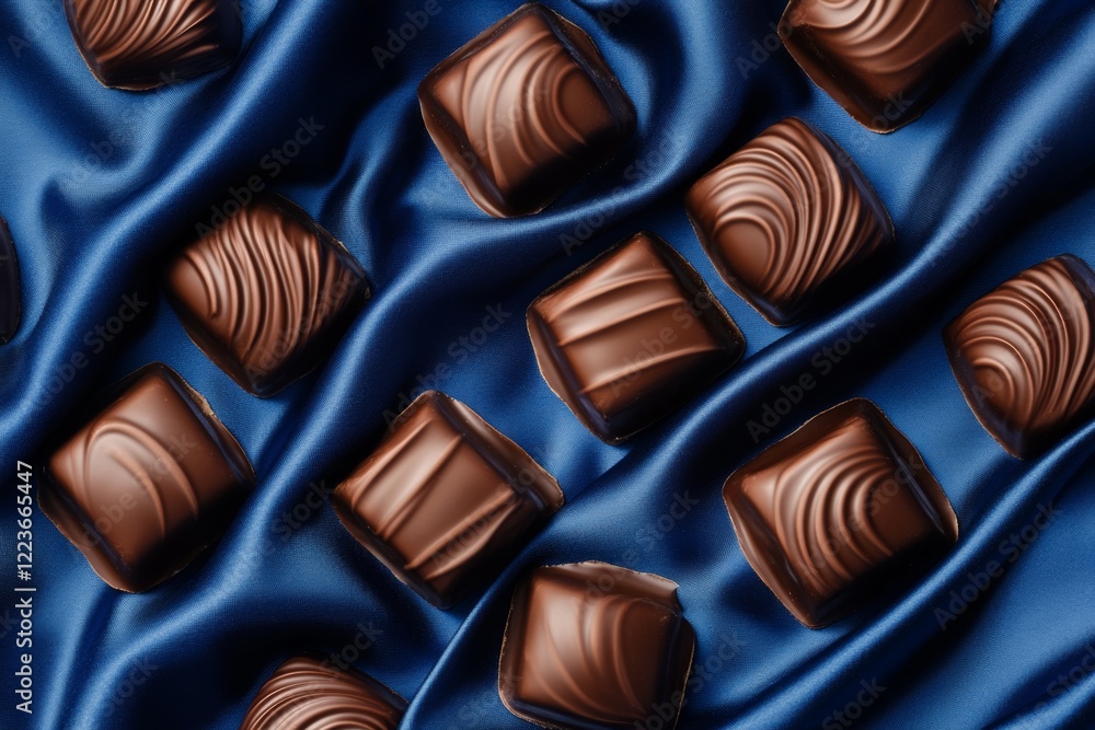 Naklejka premium Brown chocolates on a background of dark blue fabric