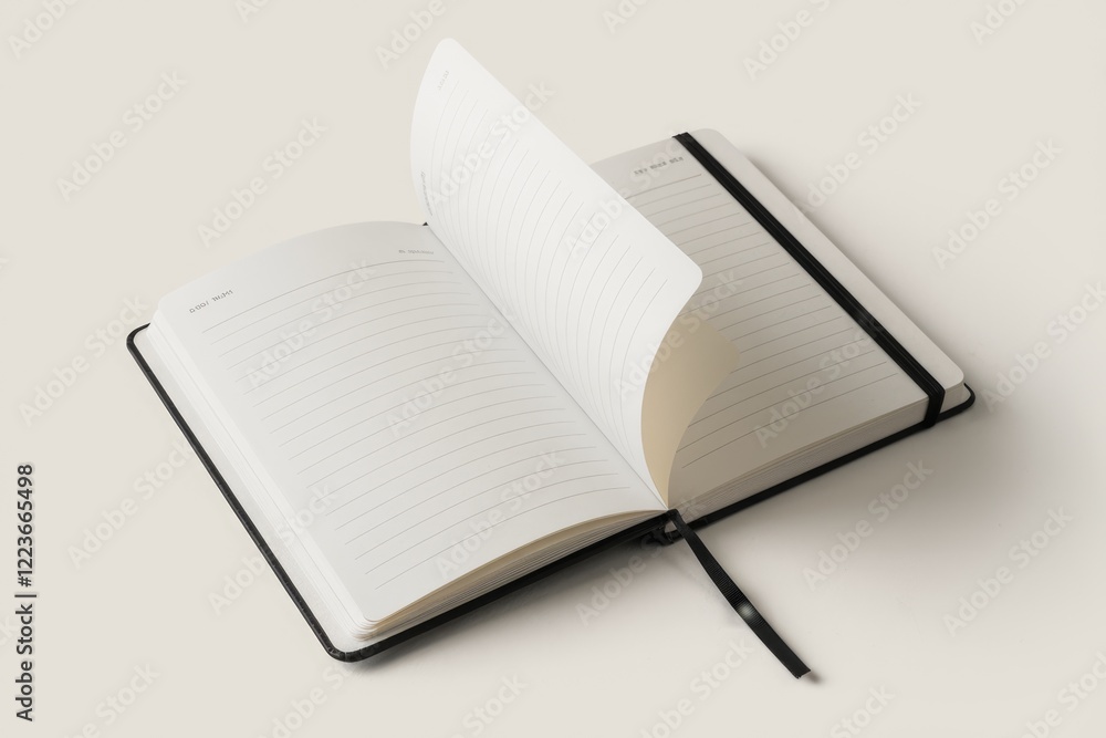 A closed blank journal with a black cover and a ribbon bookmark. A closed blank journal with a black cover and a ribbon bookmark.