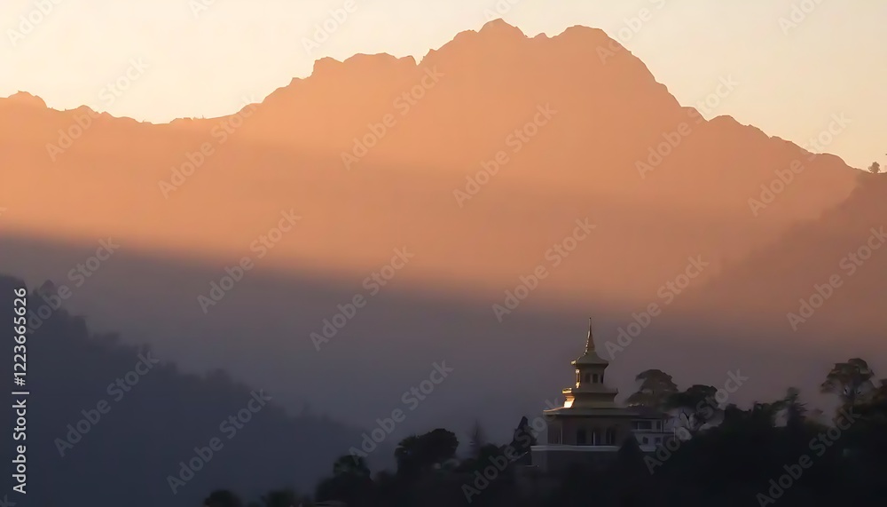 Obraz premium Golden Sunset Illuminates Mountain Temple Silhouette