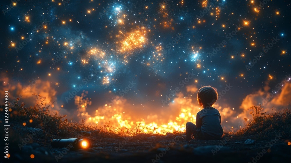 Dreamy night sky with a child looking at the stars. Generative AI Dreamy night sky with a child looking at the stars. Generative AI