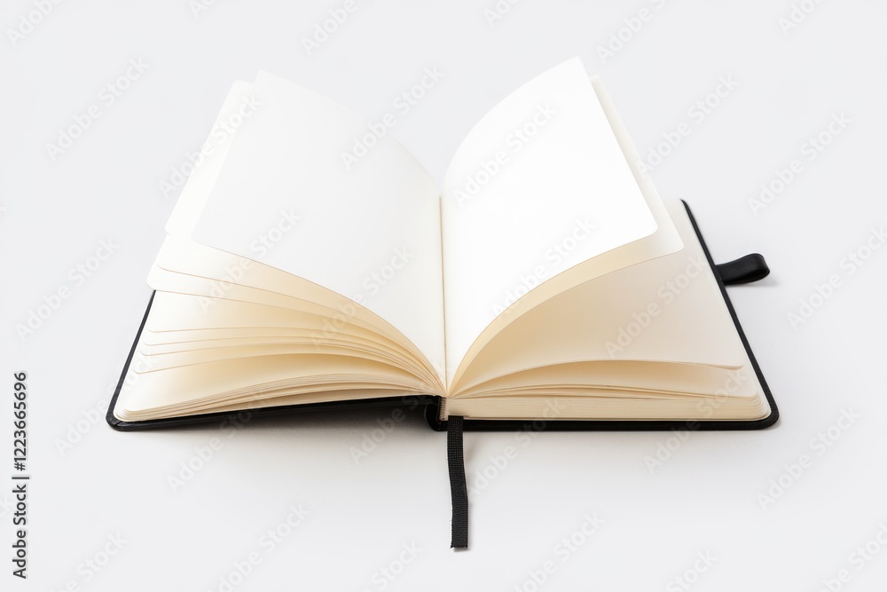 An open blank notebook with black cover and a bookmark. An open blank notebook with black cover and a bookmark.