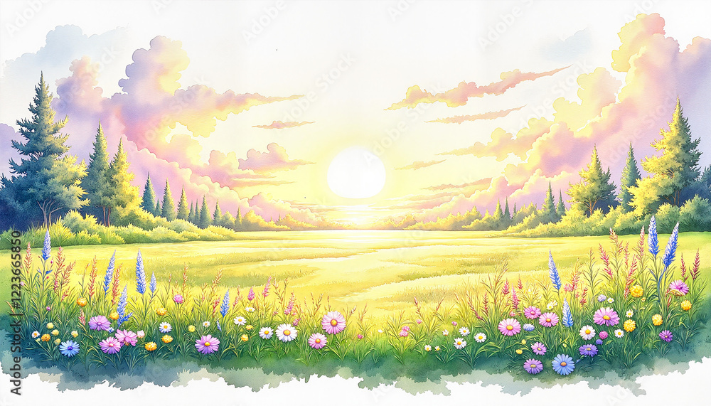 Fototapeta premium Sunrise over a colorful meadow with wildflowers and trees