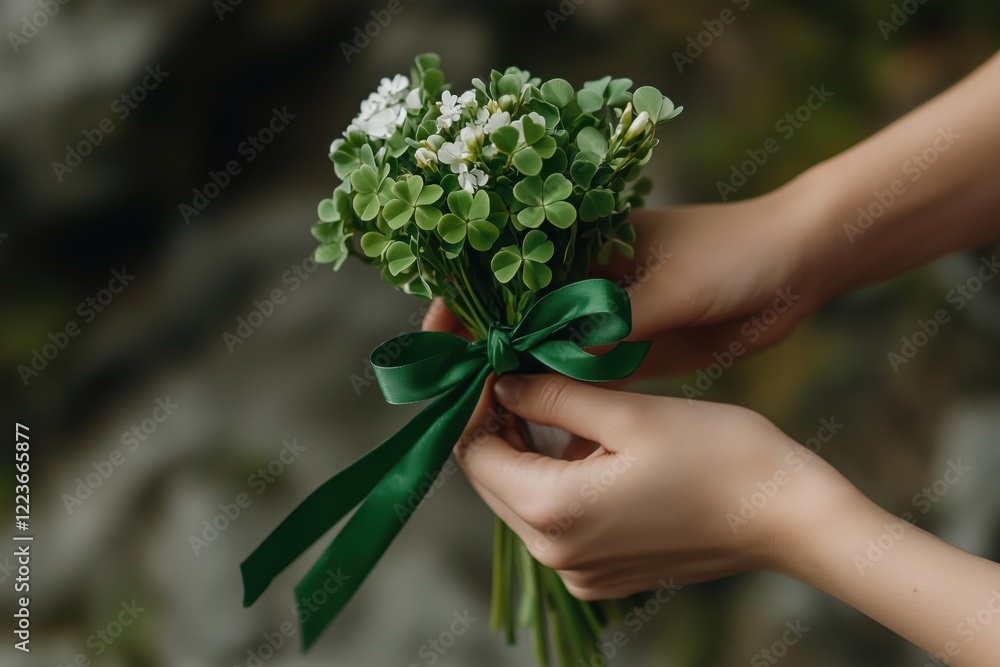 A person holding a small bouquet of green clovers tied with a green ribbon. A person holding a small bouquet of green clovers tied with a green ribbon.
