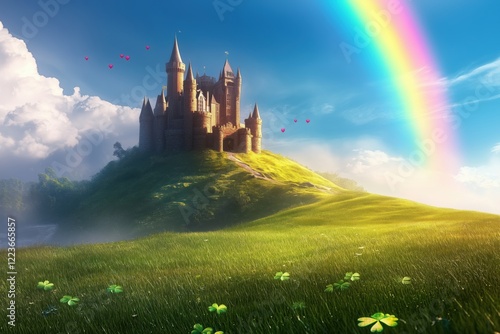 A magical castle surrounded by green hills and a rainbow in a bright blue sky.
