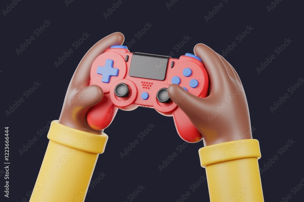 Two cartoon hands holding a red video game controller.