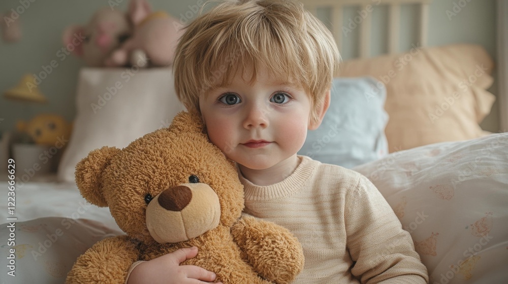 Smiling child with teddy bear in soft bedroom setting. Generative AI Smiling child with teddy bear in soft bedroom setting. Generative AI
