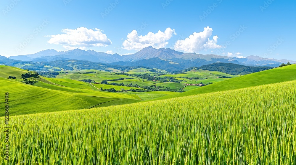 Fototapeta premium Rolling hills, green wheat field, mountain backdrop, sunny day, landscape photography