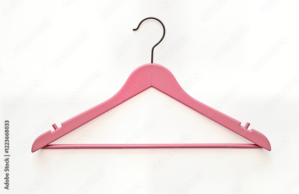 Pink plastic clothes hanger isolated on white background. Empty hanger ready for clothes. Modern, trendy accessory for wardrobe. Simple object for storage, display. Fashion design element. Minimalist
