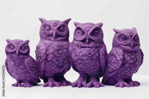 Four whimsical purple owl sculptures arranged artistically, showcasing intricate details and unique designs in a contemporary display isolated on transparent background photo