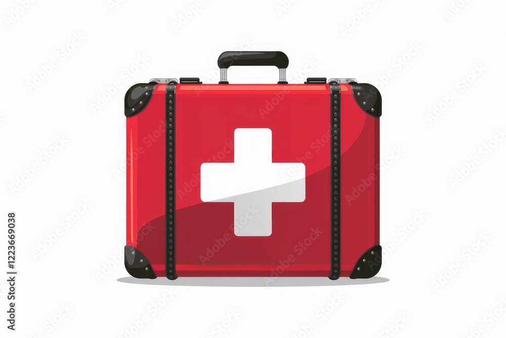 A red suitcase with a white cross, indicating a first aid kit.