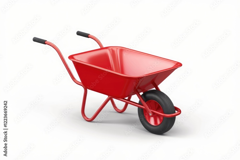 A red wheelbarrow with a single wheel, isolated on a white background. A red wheelbarrow with a single wheel, isolated on a white background.
