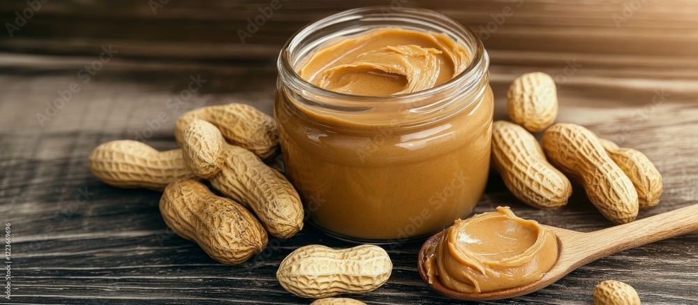 Creamy peanut butter in a glass jar and peanuts in shell on rustic wooden table celebrating Peanut Butter and Jelly Day Creamy peanut butter in a glass jar and peanuts in shell on rustic wooden table celebrating Peanut Butter and Jelly Day