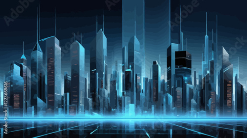 Abstract future city building technology background. Blue digital smart futuristic cityscape concept. Innovation and data hologram for virtual reality.vector.