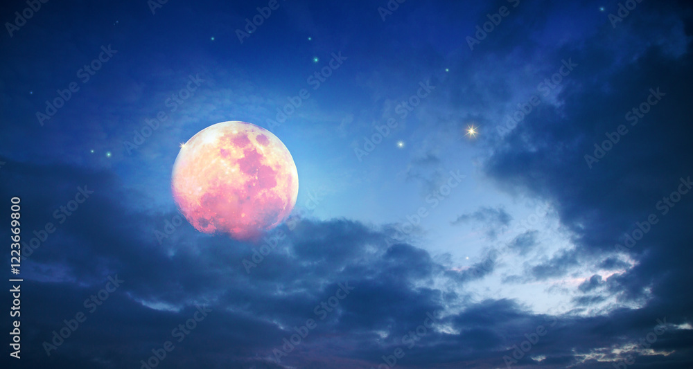 Full moon with stars at colorful night sky . Full moon with stars at colorful night sky .
