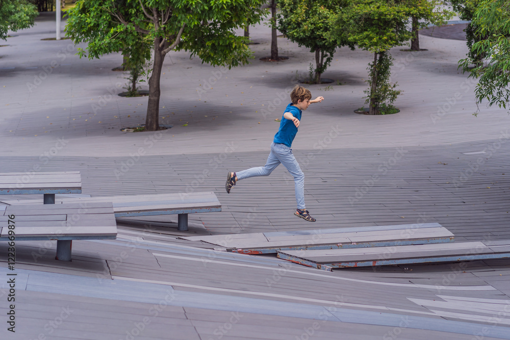 Teenage boy doing parkour in a park. Adventure, movement, and urban sport concept
