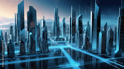 Abstract future city building technology background. Blue digital smart futuristic cityscape concept. Innovation and data hologram for virtual reality.vector.