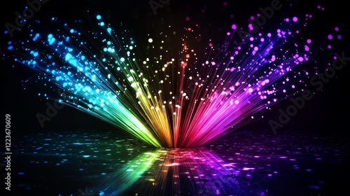 Colorful fiber optic strands with glowing tips and reflections