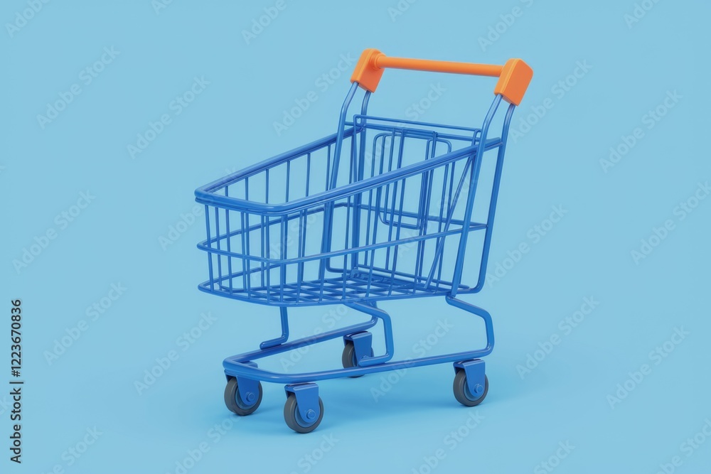 A blue shopping cart with orange handle on blue background. A blue shopping cart with orange handle on blue background.