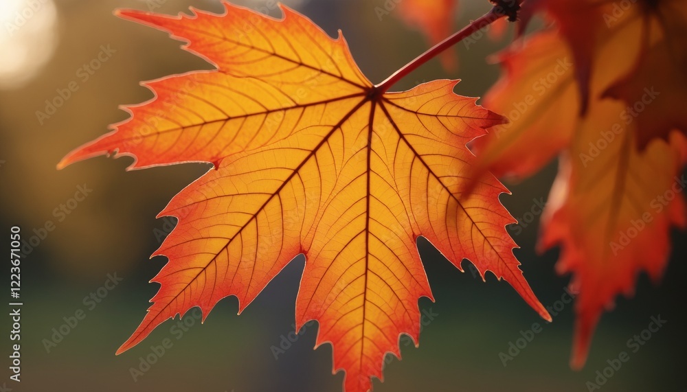 Close-up of a vibrant orange maple leaf backlit by sunlight. Close-up of a vibrant orange maple leaf backlit by sunlight.