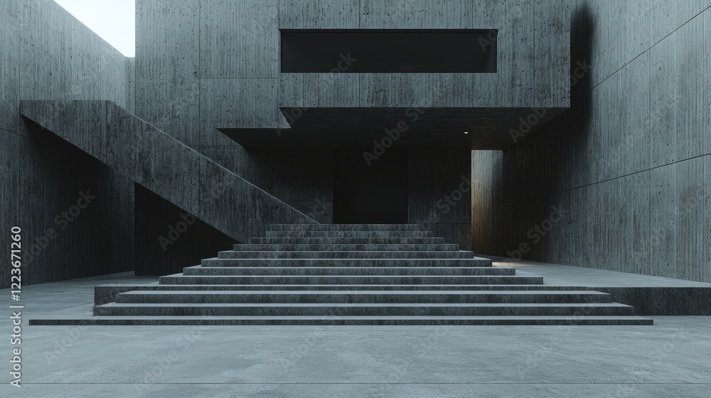 Fototapeta premium Concrete building exterior stairs, modern architecture, urban setting, architectural design