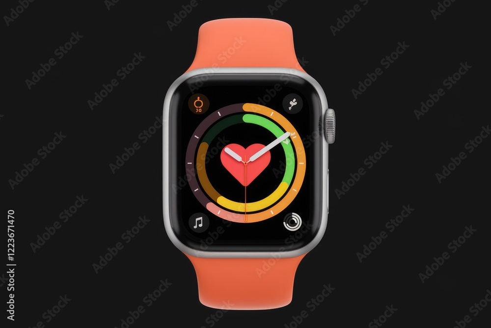 A silver Apple Watch Series 7 with an orange sport band, displaying the heart rate and activity rings.