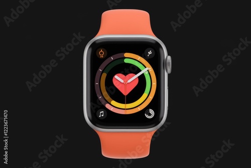 Obraz na płótnie A silver Apple Watch Series 7 with an orange sport band, displaying the heart rate and activity rings. w salonie