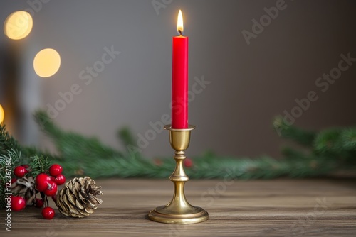 Red candle in an elegant golden candlestick on a wooden surface photo