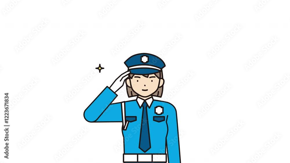 女性警備員が敬礼ポーズをとるアニメーション