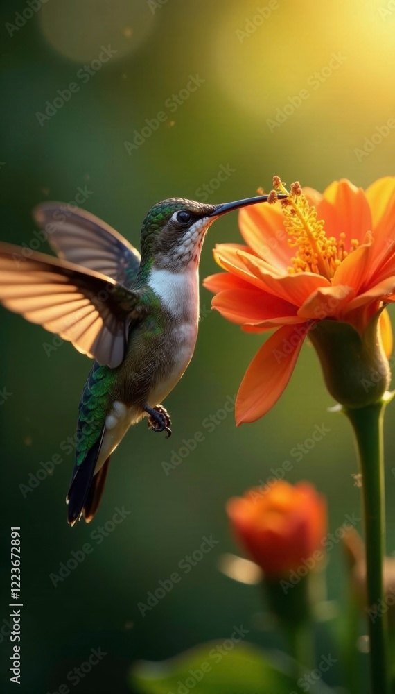 Naklejka premium Shimmering throat hummingbird sipping nectar from orange flowers, Nature, Tongue