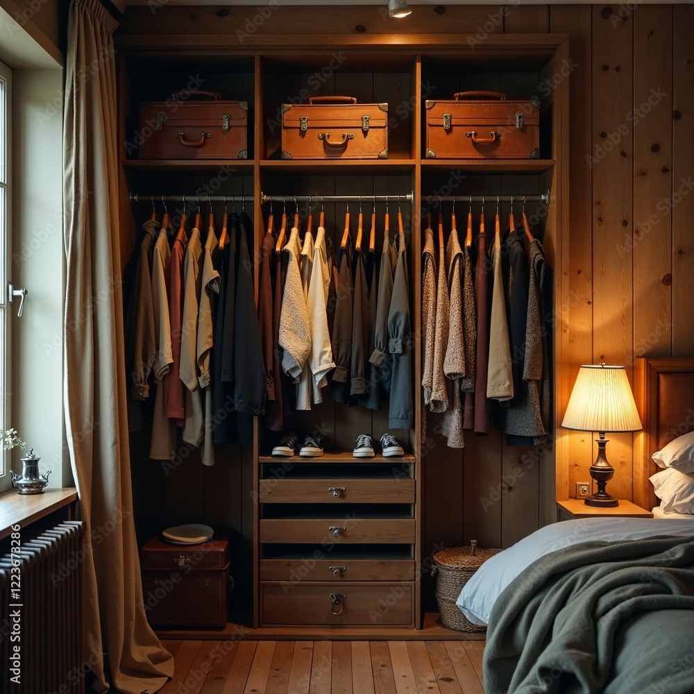 Cozy Rustic Bedroom Closet, Wooden Wardrobe with Warm Lighting Cozy Rustic Bedroom Closet, Wooden Wardrobe with Warm Lighting