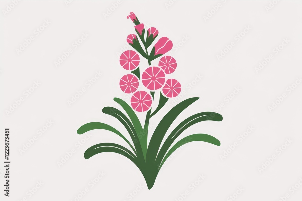 Fototapeta premium A stylized illustration of a pink flower with green leaves on a white background.