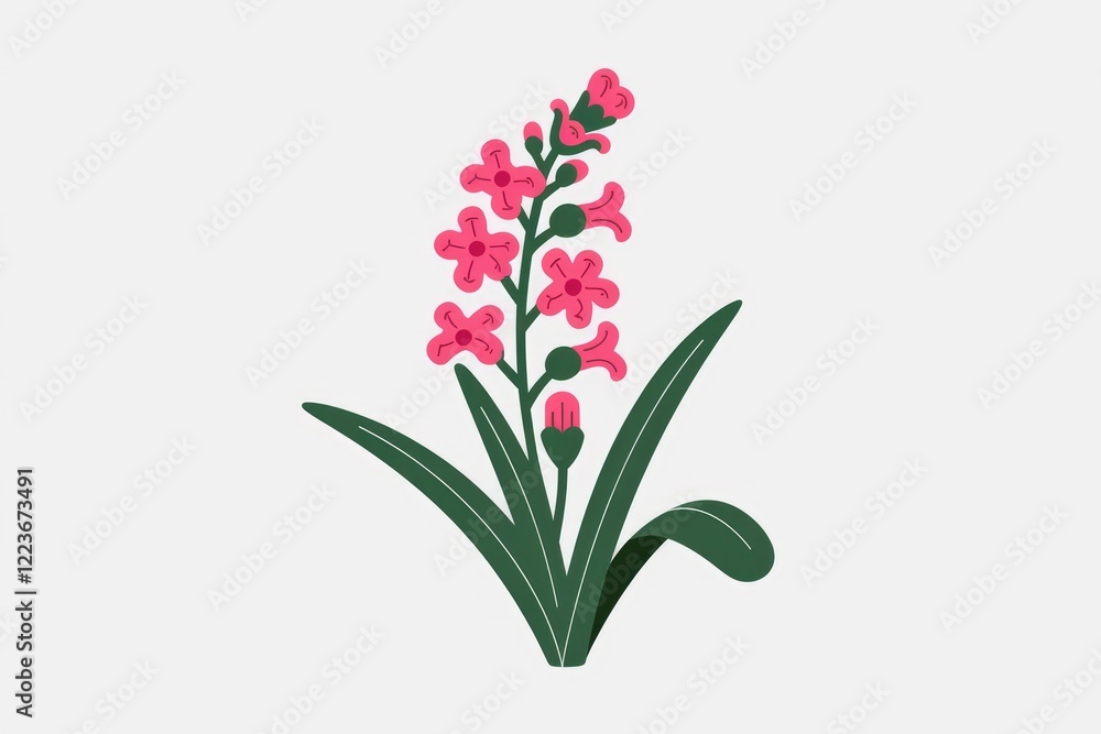 A simple illustration of a pink flower with green leaves. A simple illustration of a pink flower with green leaves.