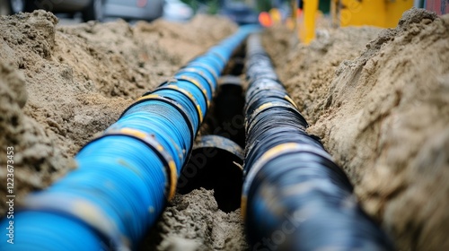 Buried blue communication cables in a trench