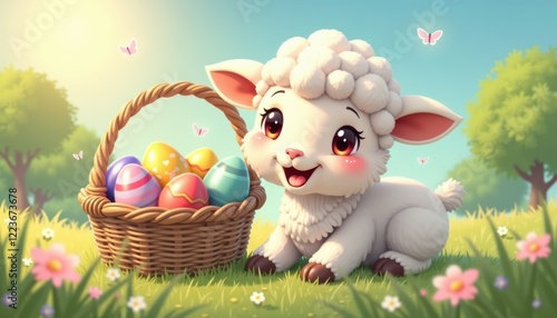 Easter lamb with egg basket in sunny spring field with butterflies