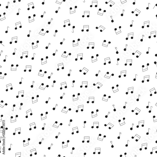 Ditsy Black Music Notes Scattered on White background creating a seamless pattern print background